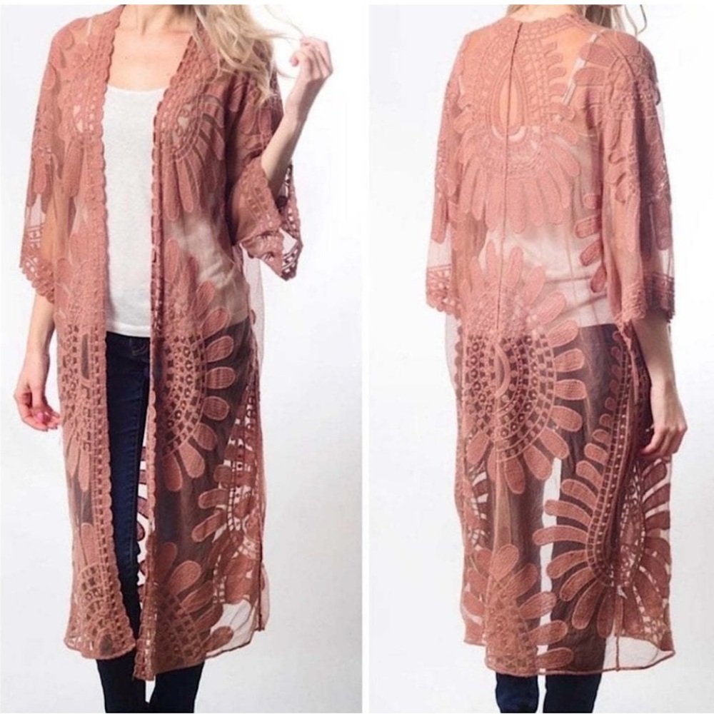 Embroidered Sheer Open-Front Cardigan - Dusty Rose